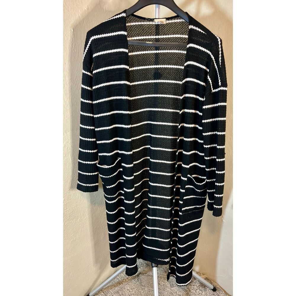 BiBi Long Cardigan Black and White with Pockets Size L